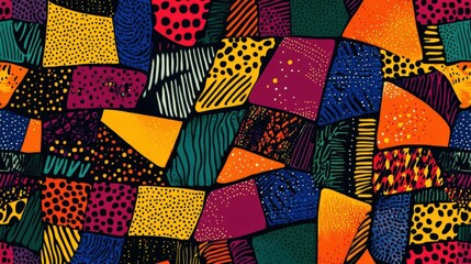 Vibrant Abstract Patchwork Design with Geometric Shapes and Patterns