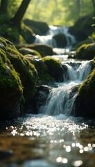Tranquil Forest Stream with Mossy Rocks and Sparkling Water