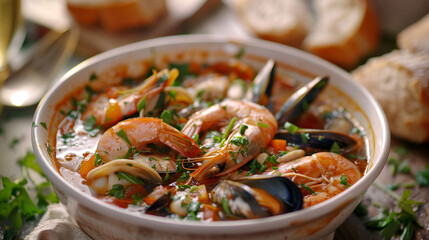 A steaming bowl of bouillabaisse with a variety of seafood, crusty bread, and a glass of white wine Bowl of Bouillabaisse, Generative AI