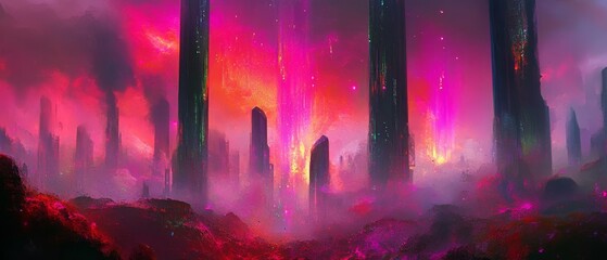 Fototapeta premium Abstract landscape with tall dark shapes and vibrant pink and
