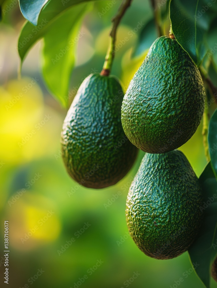 Aufkleber perfectly ripened avocados hanging from a tree branch in an orchard with a soft focus background and
