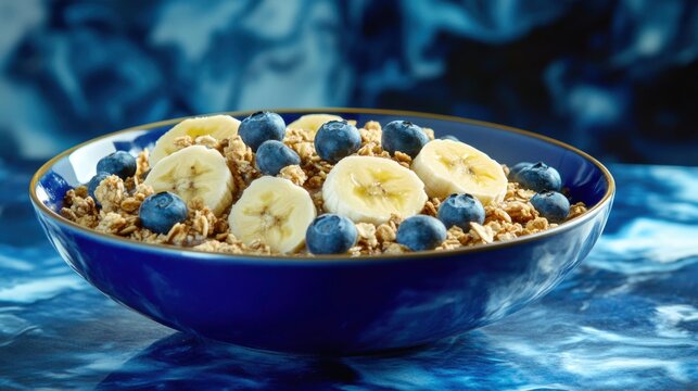 A vibrant acai bowl topped with granola, bananas, and blueberries. Featuring vitality and freshness