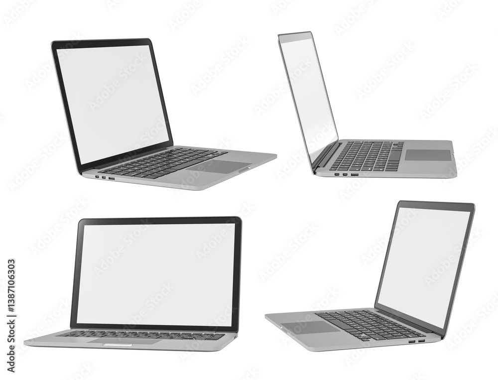 Poster laptop mockup with blank screens in multiple angles for product display. 3d rendering