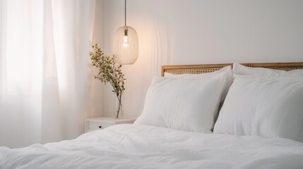 The bedroom exudes tranquility with crisp white bedding, an elegant lamp casting soft light, and a sleek nightstand, creating an inviting and cozy space for relaxation and comfort