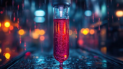 Rainy Night Lab Test Tube with Red Liquid