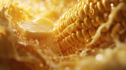 Buttery corn on the cob, melting, close-up, kitchen, food photography
