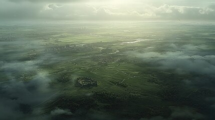 Obraz premium Serene Aerial View Over Lush Green Fields and Misty Surroundings