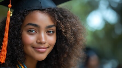 Young woman in graduation cap smiles proudly, symbolizing academic achievement and bright future.