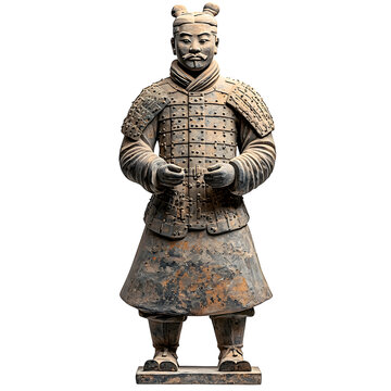 An ancient Chinese terracotta warrior statue, standing in full battle gear, isolated on a white background.