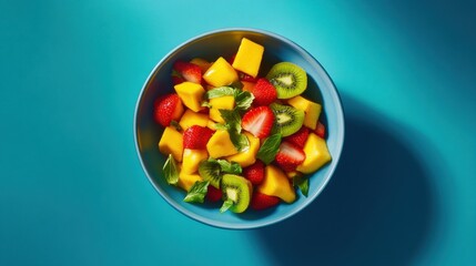 A vibrant bowl of fruit salad with mango, kiwi, and strawberries. Featuring freshness and vitality