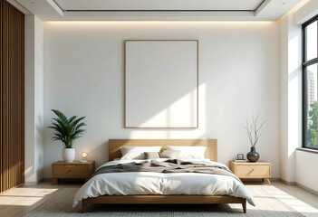 Minimalist bedroom interior with large blank white poster on white wall. 3D Rendering