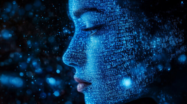 Digital face profile with binary code overlay against a dark bokeh filled background glow effect