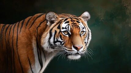 Fototapeta premium Majestic tiger portrait with stunning details showcasing its powerful gaze against a dark, textured background