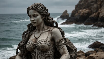 A statue of Frissia, the sea siren, coiled upon eroded rocks, luring ships with her haunting gaze