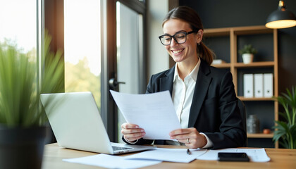 Fototapeta premium Business Woman Reading Documents in Modern Office