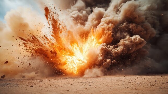 Dramatic tank explosion erupts with a massive fireball and clouds of smoke in a war zone during daylight