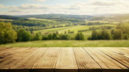 Beautiful view of rolling hills and green fields with wooden table in the foreground during daylight
