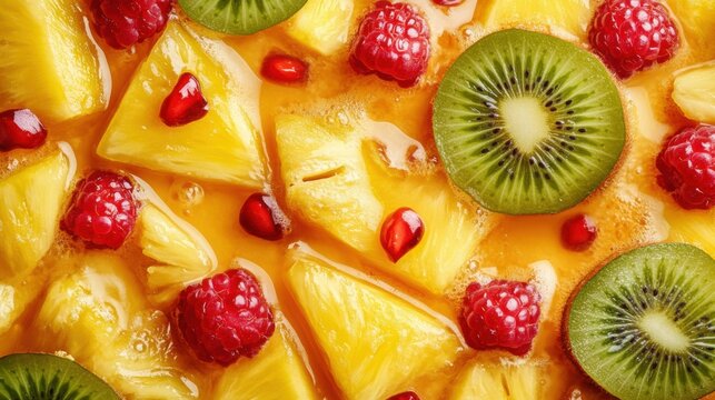 A vibrant fresh fruit salad with mango, pineapple, and kiwi. Featuring refreshment and vitality