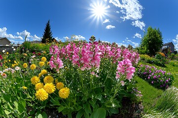Obraz premium Vibrant Flower Garden Under Bright Blue Sky with Shining Sun