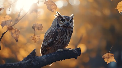 A majestic owl perched on a branch in natural sunlight