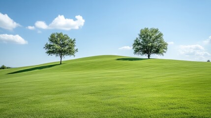 Fototapeta premium Two trees stand on a gently rolling green hill under a bright blue sky. The composition is serene and balanced. The image is high-resolution, with natural lighting. The style is peaceful and idyllic