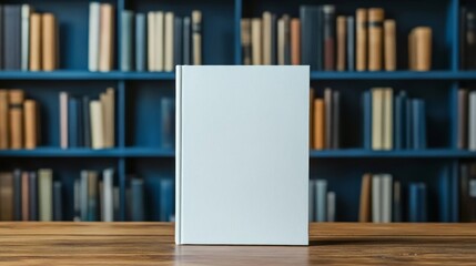 Blank white hardcover book standing on wooden table in library interior setup.