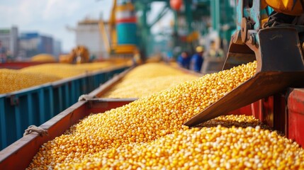 Towering cranes and conveyor systems surround the cargo ship as golden corn pours from its hold, illustrating the scale and precision of global grain logistics.

