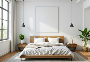 Fototapeta premium Minimalist bedroom interior with large blank white poster on white wall. 3D Rendering