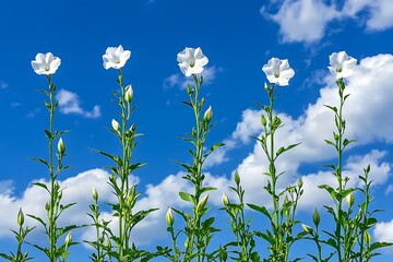 Fototapeta premium Delicate White Flowers Against a Bright Blue Sky with Clouds