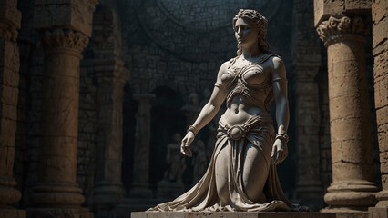 Fototapeta premium A statue of Eloea, goddess of forbidden domains, facing away, surrounded by walls no mortal may cross