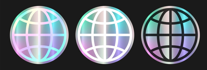 Three realistic round holographic rainbow iridescent stickers planet Earth. Globe icon with geographic grid, latitude, longitude. Vector illustration isolated on black background EPS10 