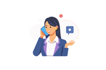 Cartoon businesswoman in purple suit smiles while holding phone, gesturing mid-conversation with speech bubble icons, isolated on a transparent background