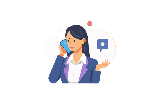 Cartoon businesswoman in purple suit smiles while holding phone, gesturing mid-conversation with speech bubble icons, isolated on a transparent background