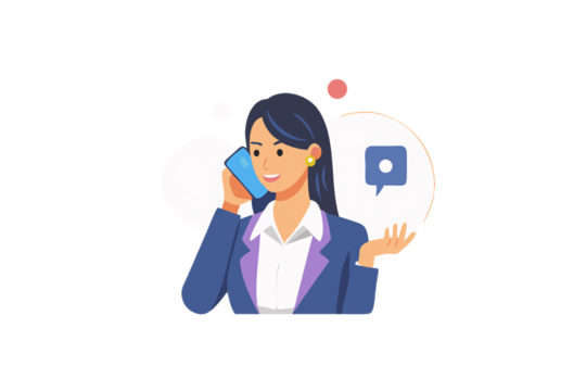 Cartoon businesswoman in purple suit smiles while holding phone, gesturing mid-conversation with speech bubble icons, isolated on a transparent background
