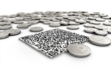 QR Code Surrounded by Cryptocurrency: Cryptocurrency coins scatter around a modern QR code, symbolizing the fusion of digital data and decentralized finance. Representing transaction efficiency.