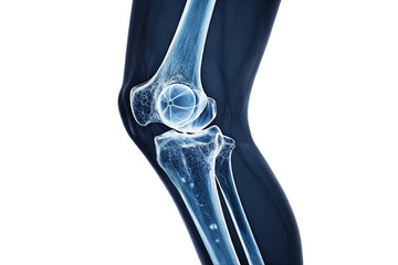 Detailed anatomical rendering of a knee joint from the side, showing ligaments and bone density, isolated on a transparent background