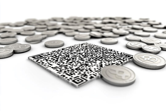 QR Code Surrounded by Cryptocurrency: Cryptocurrency coins scatter around a modern QR code, symbolizing the fusion of digital data and decentralized finance. Representing transaction efficiency. - Powered by Adobe