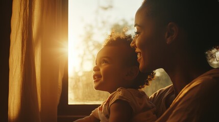 Mother and child in golden hour window portrait