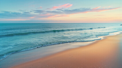 Obraz premium Pastel sunset colors seascape with gentle waves reaching sandy beach