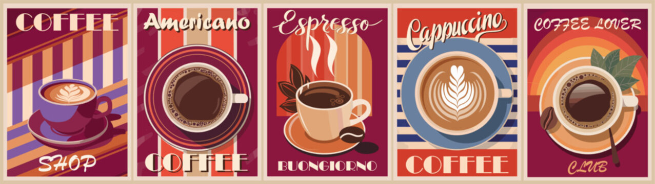 Coffee posters in retro style with different types of coffee in cups - Espresso, Americano, Cappuccino. Colorful vintage vecor illustrations