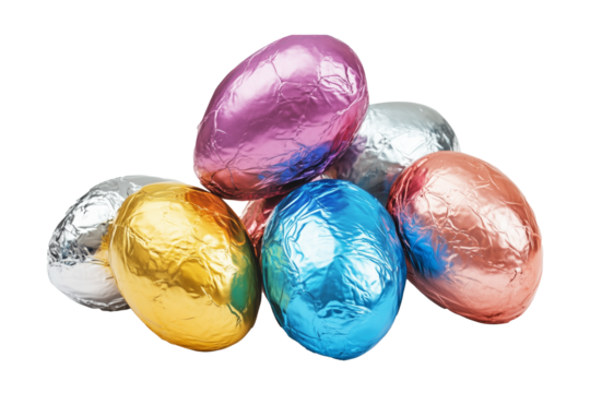Chocolate Easter eggs wrapped in metallic foil of gold, silver, pink, and blue, stacked together isolated on white transparent background. Easter celebration concept