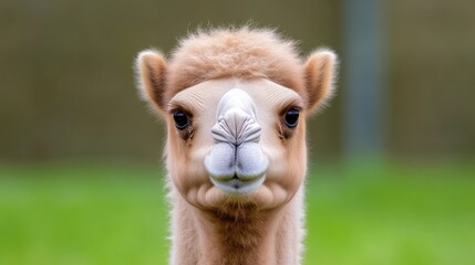 Obraz premium A curious baby camel staring directly at the camera with soft fur and expressive eyes, standing in a lush green field, and close-up portrait.