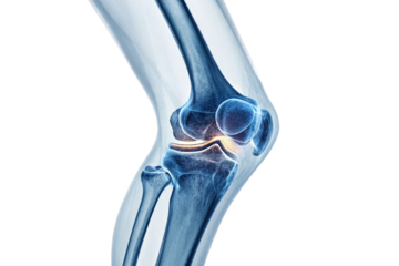 Realistic X-ray-style depiction of a knee, emphasizing patella and glowing joint space with clarity, isolated on a transparent background