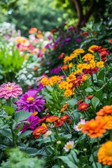 Obraz premium Colorful flowers bloom in a garden with green foliage background.
