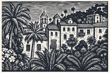 Woodcut style vector illustration. Depicts a Mediterranean or tropical coastal town/village nestled on a hillside with historic buildings, towers, and lush palm trees.