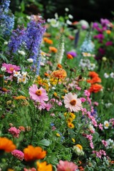 Fototapeta premium Field of colorful wildflowers in bloom with green foliage in
