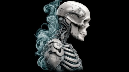A futuristic robotic skull silhouette emits ethereal smoke, blending technology and artistry in a striking visual representation.