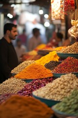 Fototapeta premium Colorful spices displayed at a market stall with a man