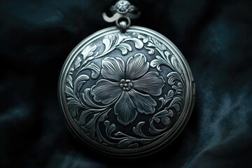 Ornate silver pocket watch with floral engraving, detailed craftsmanship.