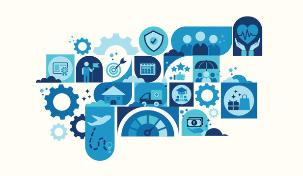 Employee benefits package and engagement concept. Employee health insurance ,paid vacation, financial perks, workplace perks. Incentive motivation for corporate company. Vector illustration template.